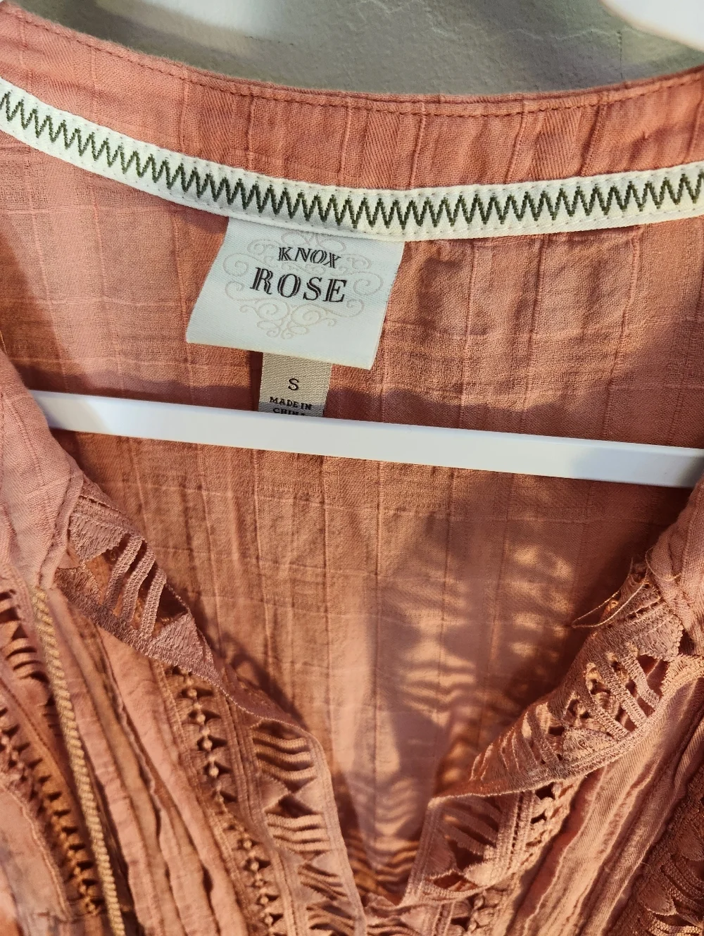 Knox Rose Boho Crochet-Trim Coral Mini Dress - Picture 2 of 7